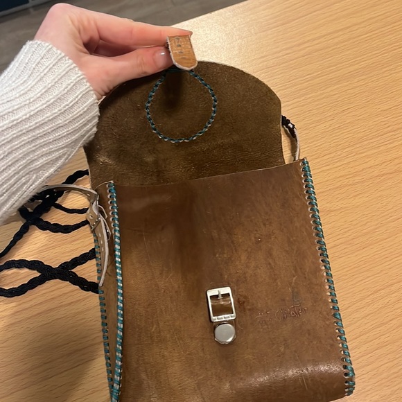 ✨SALE✨Handmade Leather Tribal Stitched Crossbody Bag Brown Turquoise Coconut - Picture 8 of 9